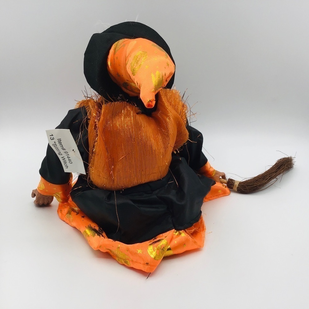 Halloween Witch 13” Doll Figure Whimsy Shelf Sitter Black Orange Dress Broom - Picture 6 of 8